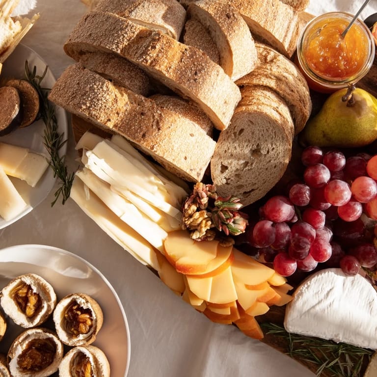 Delicious Golden Wheat Bundle Board featuring a variety of cheeses, crackers, and fresh, colorful fruit.