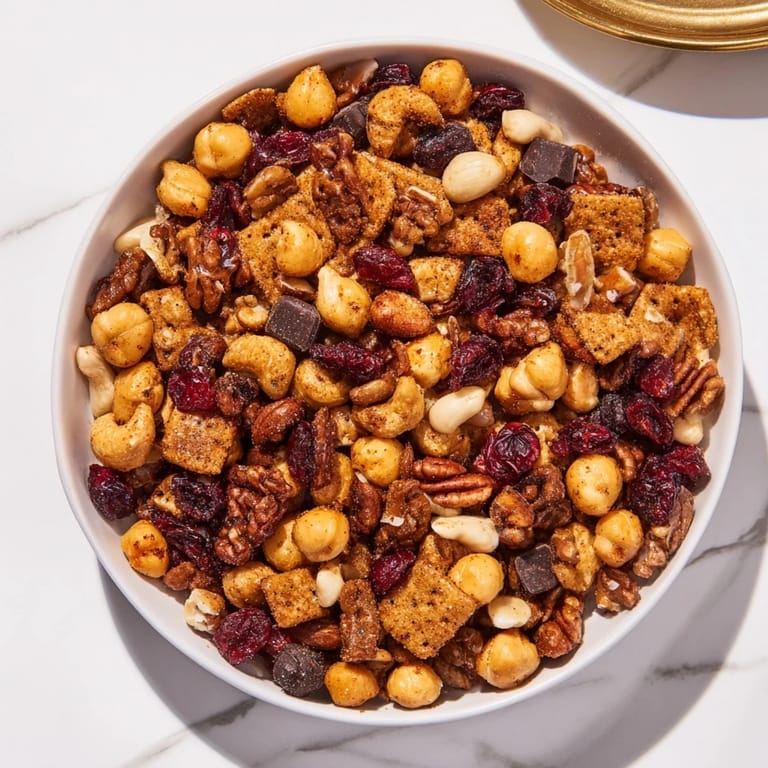 Earthy, spiced Acorn & Oak Snack Mix—a trail mix featuring roasted acorns, nuts, and chocolate chips.