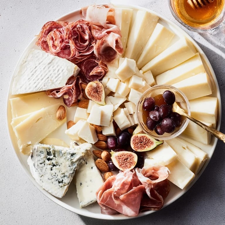 This delicious Plateau des Rois Mages Gourmand appetizer shows an assortment of cheese, figs, nuts, and jam.