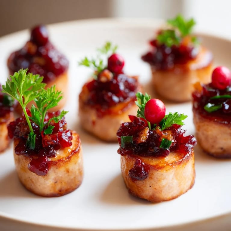 Close-up photo of savory Festive Holly Berry Sausage Bites, showcasing juicy sausage and the vibrant cranberry topping.