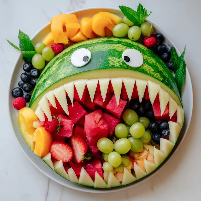 This Watermelon Shark Bite Board showcases a carved watermelon filled with assorted fresh fruit, ready to enjoy.