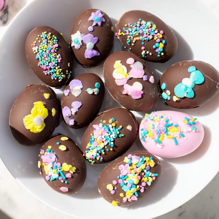 A close-up of a delightful Easter candy display: chocolate-covered egg candies awaiting enjoyment.