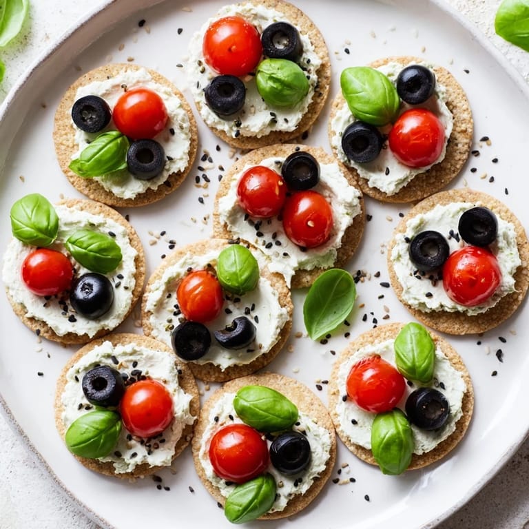 Freshly made Garden Snacks: Ladybug Tomato & Olive Bites garnished with basil, perfect party food.