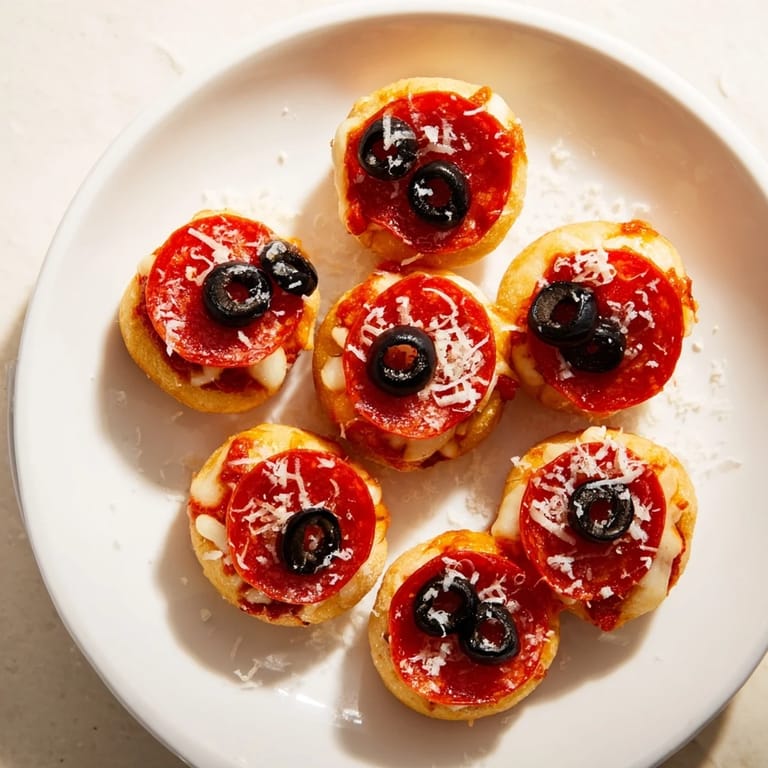 Gooey Santa Belt Mini Pizza Bites with fun pepperoni belts and olive buckles, a festive appetizer.
