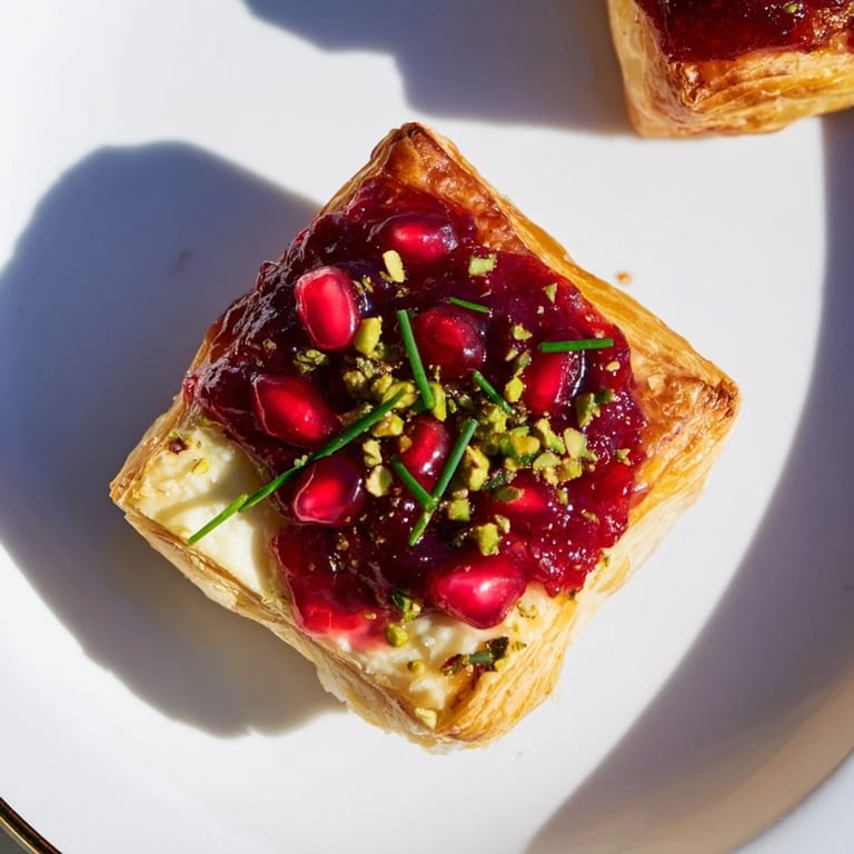 Warm, savory Fireworks Brie Tartlets with melted Brie, a dab of preserves, and fresh chives ready to serve.