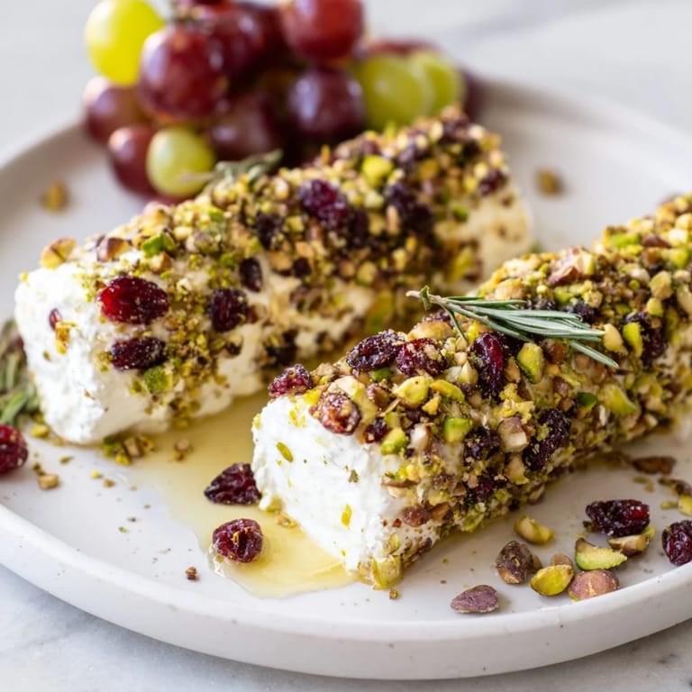 A close-up of prepared Cranberry Goat Cheese Logs, showcasing the creamy cheese and colorful toppings.