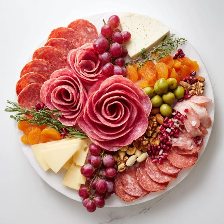 Festive holiday Charcuterie: A delicious meat rose bouquet on a platter with cheese and crackers.