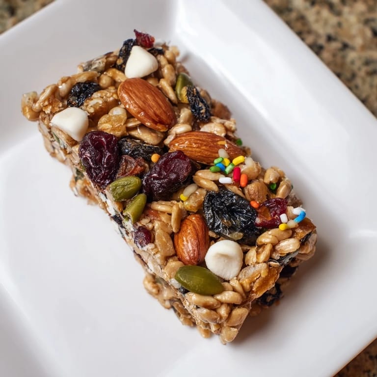 Golden Winter Wonderland Trail Mix Bars, featuring a mix of crunchy oats and sweet white chocolate chips.