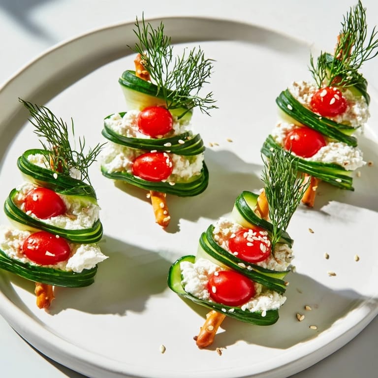 Vibrant image of Spiral Cucumber Ribbon Christmas Trees, a refreshing appetizer adorned with creamy cheese and herbs.