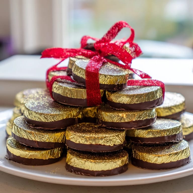 Stacked chocolate gold coins, tied with ribbon, a dazzling dessert perfect for holiday gatherings.