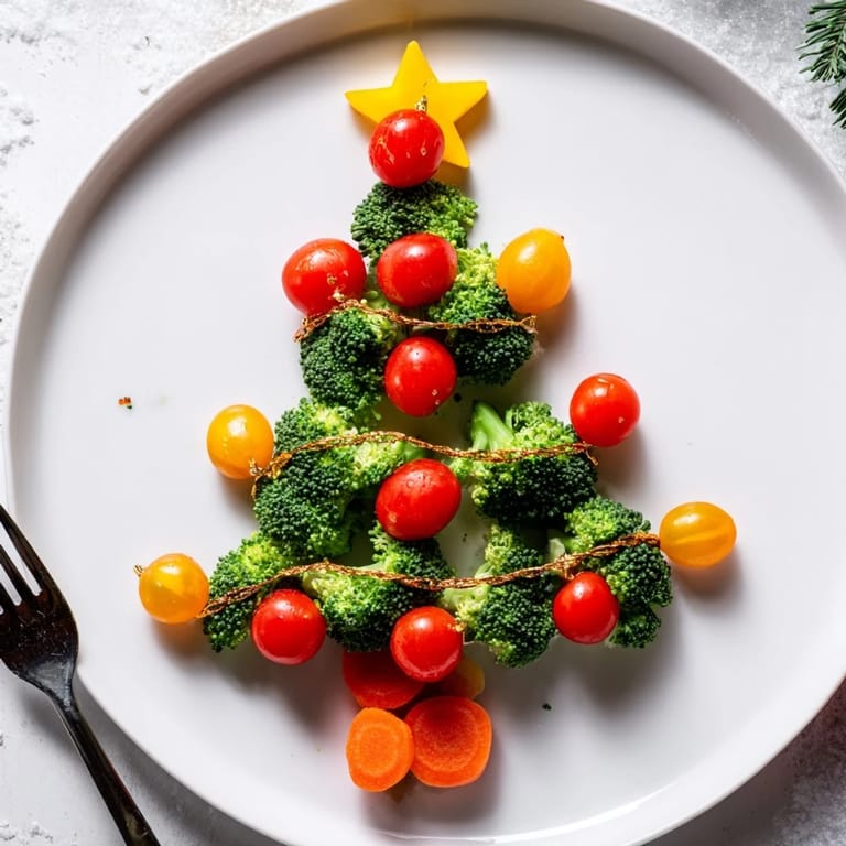 Vibrant Broccoli Tree with Cherry Tomato Ornaments, appealing party platter ready to enjoy with a dip.