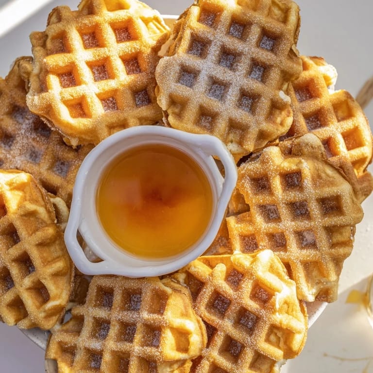 Crispy waffle quarters with a sweet maple syrup dip, ideal for a delicious breakfast treat.