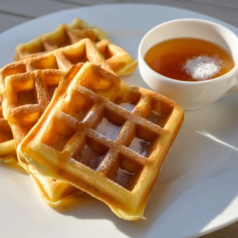 Warm waffle quarters presented with a rich maple syrup dip, ready for dipping and enjoying.