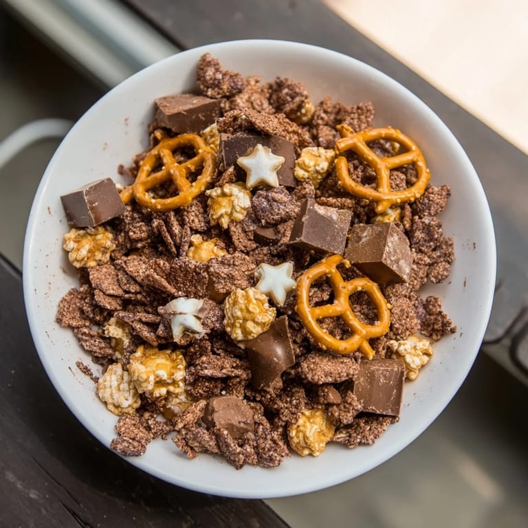 Sweet and salty Gold and Black Midnight Snack Mix in a bowl, perfect crunchy starter for your party.