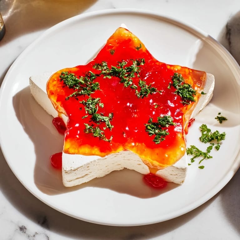 A close-up of the Cream Cheese and Pepper Jelly Star Appetizer, a creamy, spicy, and festive appetizer for any gathering.