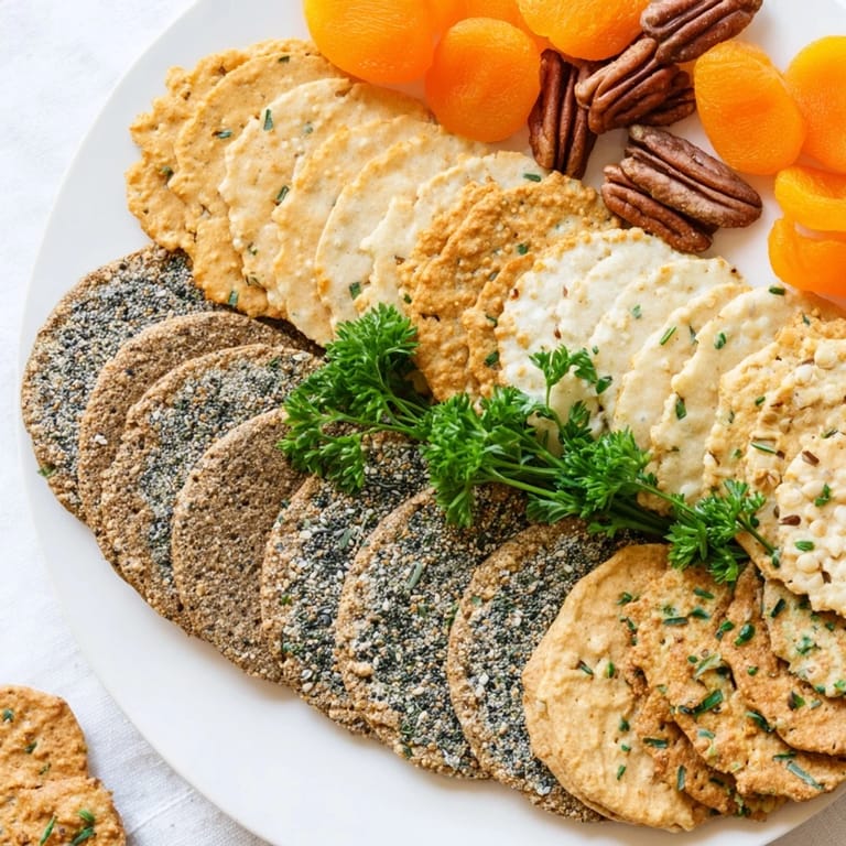 Perfect for snacking: a layered display of Gourmet Crackers, garnished with herbs and dried fruits.