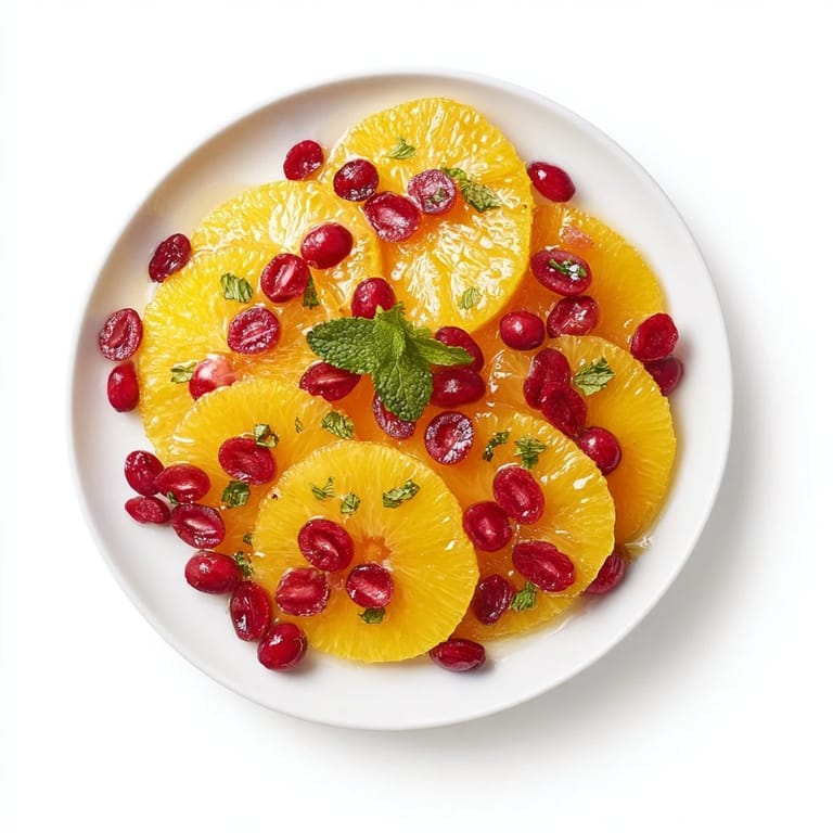 Fresh orange slices and tart cranberries, a festive winter fruit salad with a sprinkle of mint.