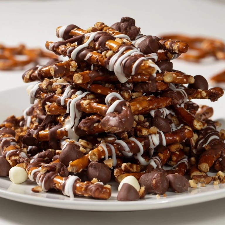Close-up of freshly made Chocolate Covered Pretzel Stick Stacks; a crowd-pleasing, easy no-bake dessert!