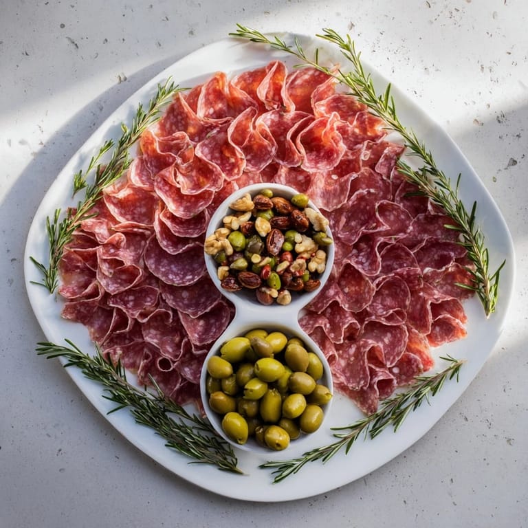 Visual close-up of The Infinity Loop, beautifully presenting salami and nuts for a delightful appetizer.