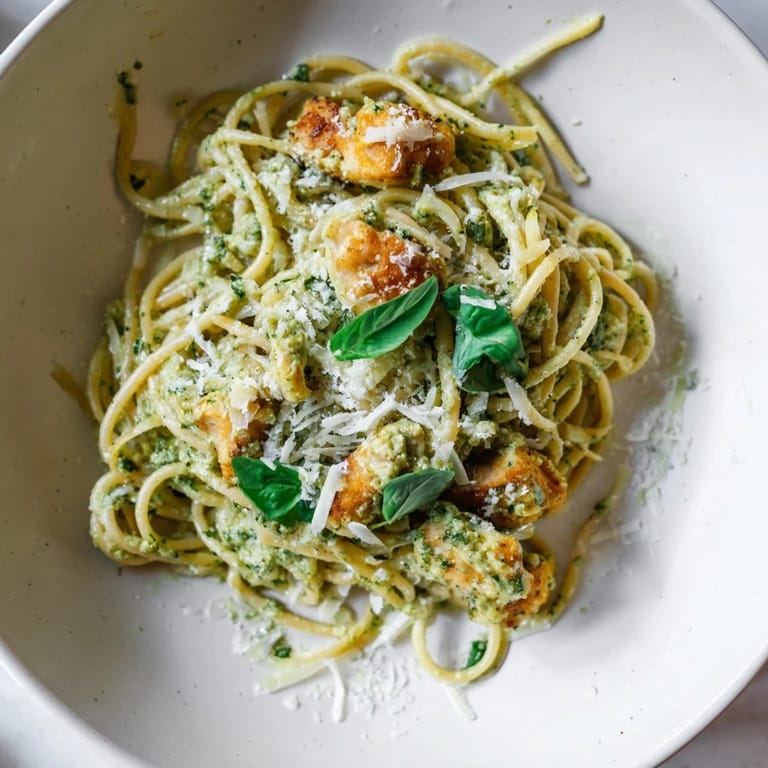 A bowl of flavorful Pesto Egg and Chicken Pasta topped with fresh basil and cheese.