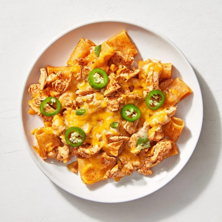 Pasta Chip Nachos recipe, beautifully arranged and ready to be enjoyed with flavorful taco chicken spread.
