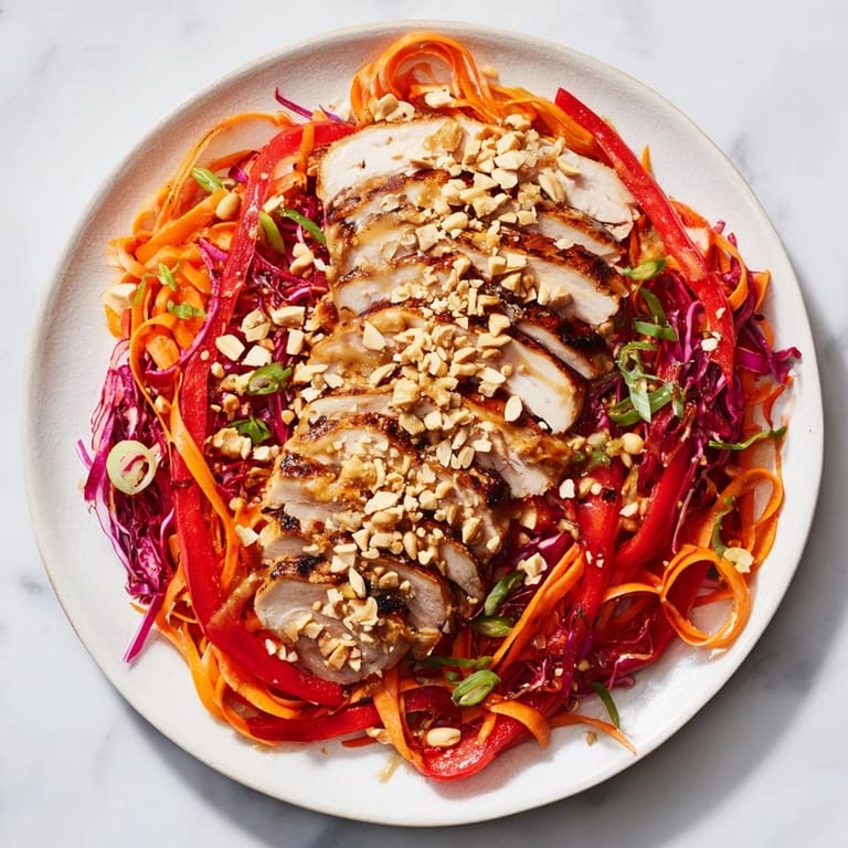 This flavorful Carrot Ribbon and Chicken Slaw features tender chicken atop a bed of crisp veggies.