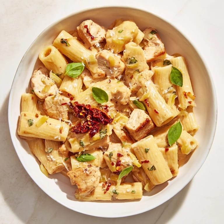 A steaming bowl of Spicy Vodka Chicken Pasta with perfectly cooked rigatoni visible.