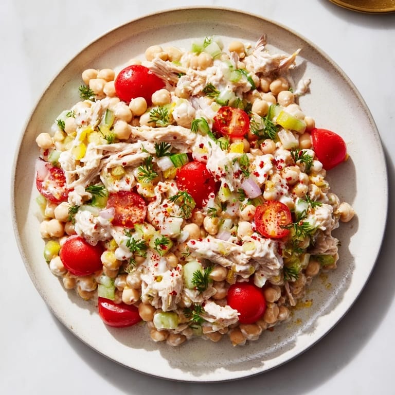 Flaky tuna and chunky chickpeas make this delicious Dense Chickpea and Tuna Salad, ready in minutes.