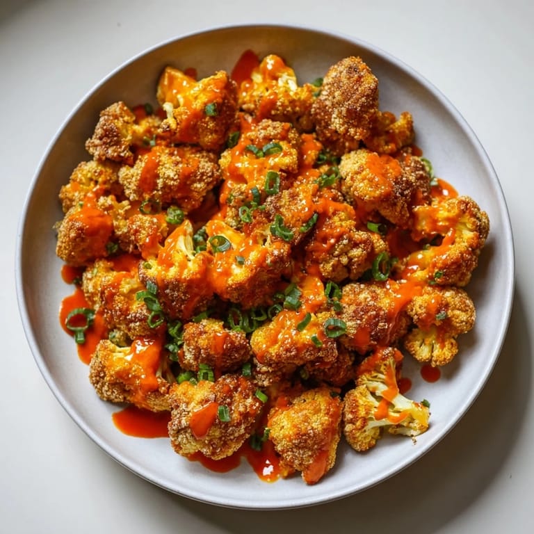 Tempting close-up of Sriracha-Buffalo Cauliflower Bites, showcasing their perfectly caramelized, savory crunch.