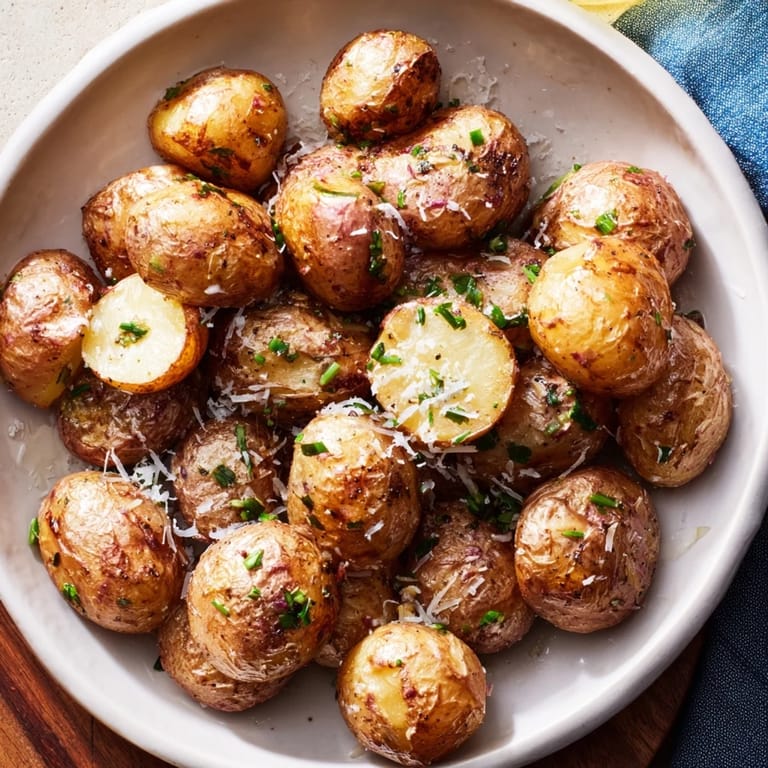 Hot, bubbly Parmesan smashed potatoes with a sprinkle of fresh parsley, ideal for dinner tonight.