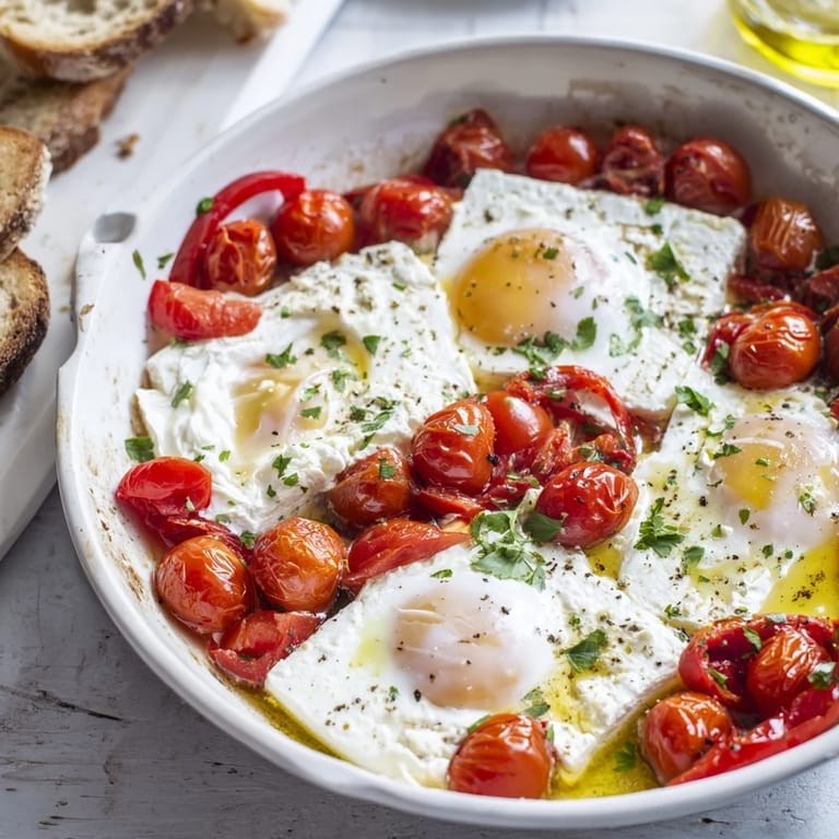 Warm, appetizing image; Mediterranean Baked Feta & Eggs with fresh herbs and crusty bread, ready to enjoy.