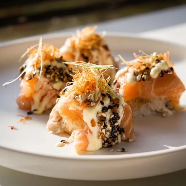 Golden-brown baked creamy salmon sushi bake with a comforting aroma, ready to serve with nori sheets.