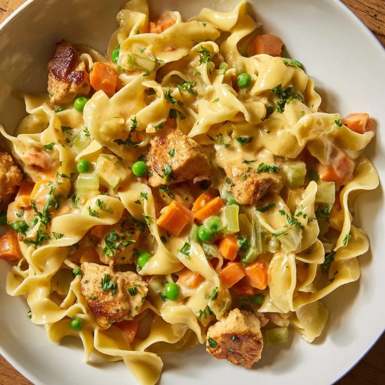 Close-up of a bowl of creamy, delicious Creamy Chicken and Egg Noodles with fresh parsley on top.