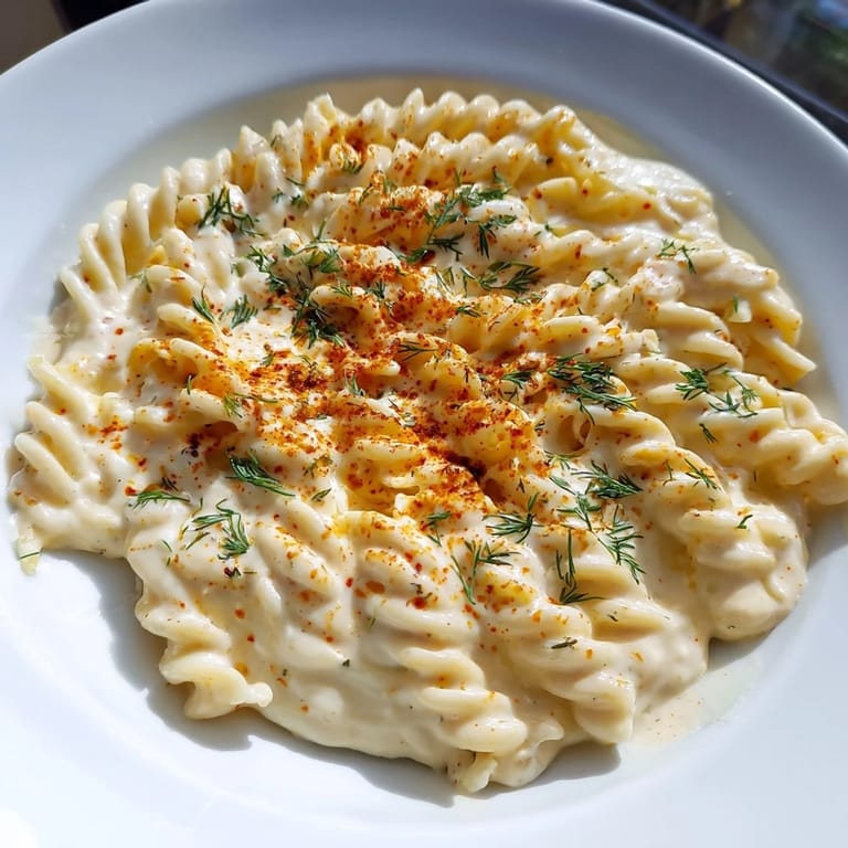 A close-up of delicious Turkish Yogurt Pasta, coated in a luscious yogurt sauce and sprinkled with herbs.