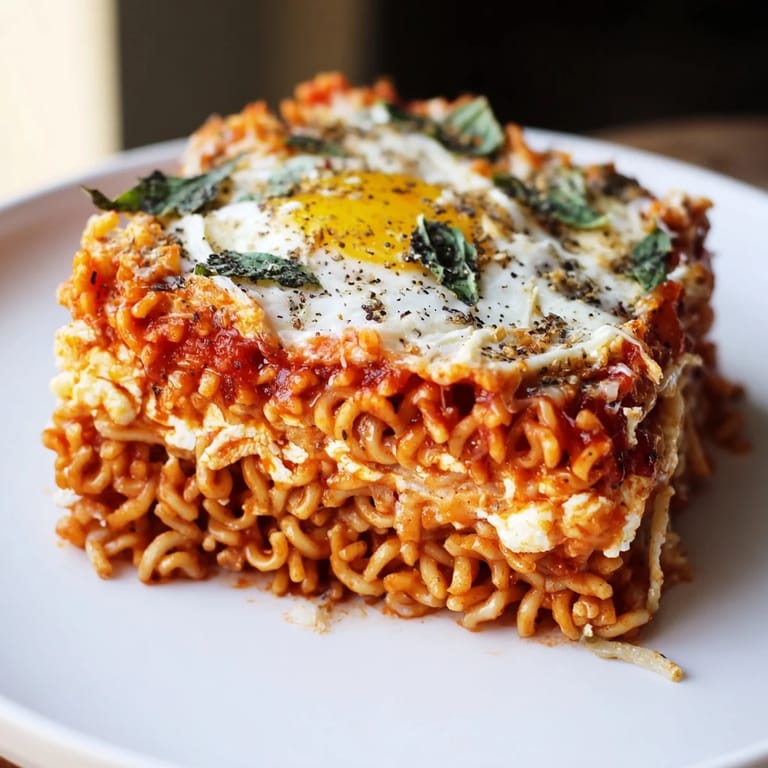 Homemade Ramen Lasagna, a delicious and easy fusion dish, served with fresh basil for garnish.