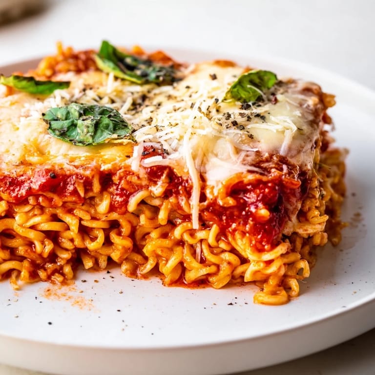 A close-up of a bubbling Ramen Lasagna with layers of cheese and noodles, ideal comfort food.