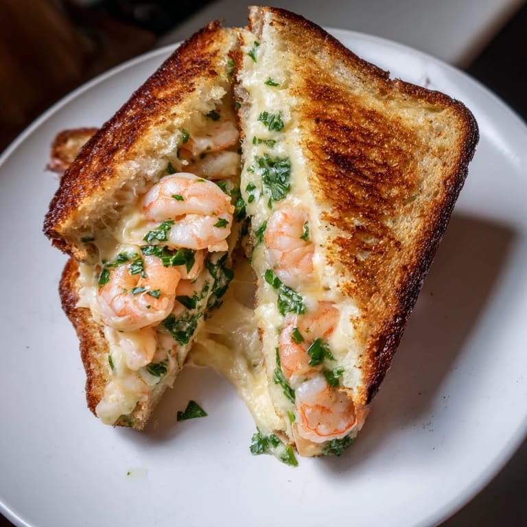 A close-up view of a flavorful quick shrimp grilled cheese sandwich, ready to enjoy with a bite.