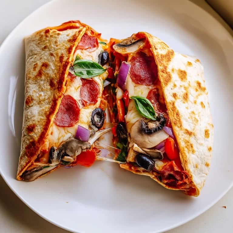 A folded tortilla pizza wrap, showcasing melty mozzarella and colorful toppings, a quick meal idea.