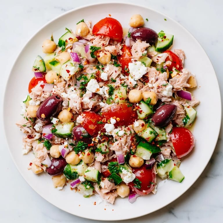 A colorful bowl of Tuna Chickpea Salad, featuring plump tomatoes and olives ready to eat.