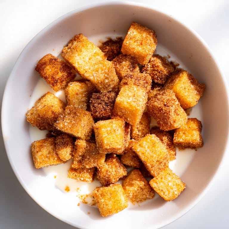 Close-up of freshly made French Toast Cereal: bite-sized pieces with a golden, toasted exterior, ready to eat.