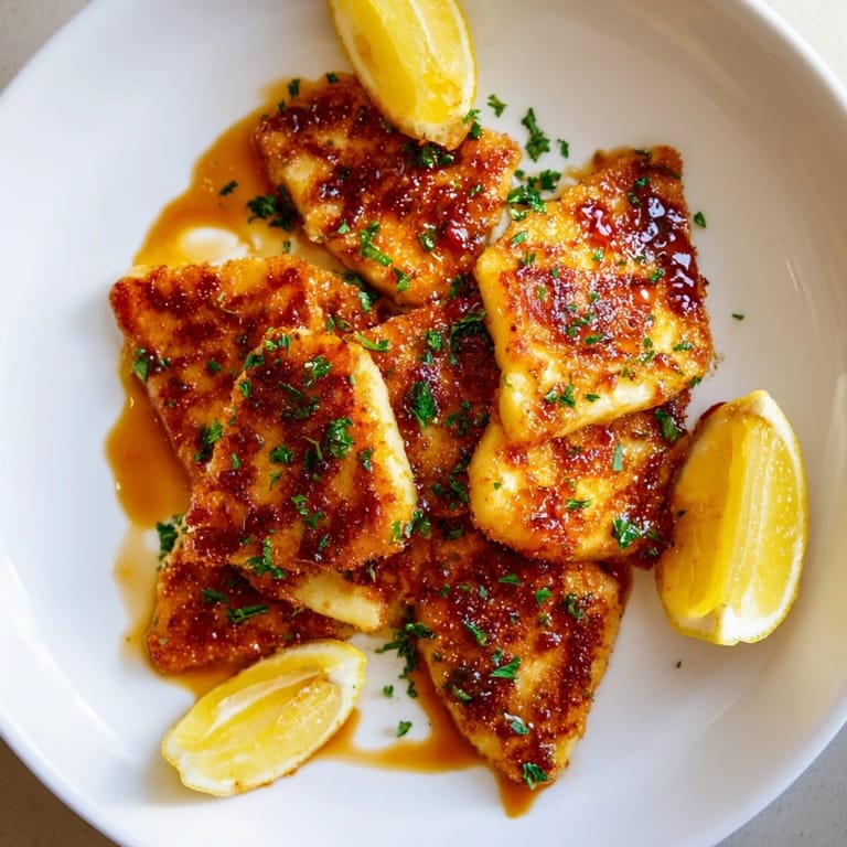 Crispy fried Hot Honey Halloumi cheese, a Mediterranean delight, ready to serve with lemon.