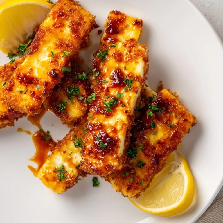 Close-up of golden, sizzling Hot Honey Halloumi, perfect for a vegetarian snack or side.