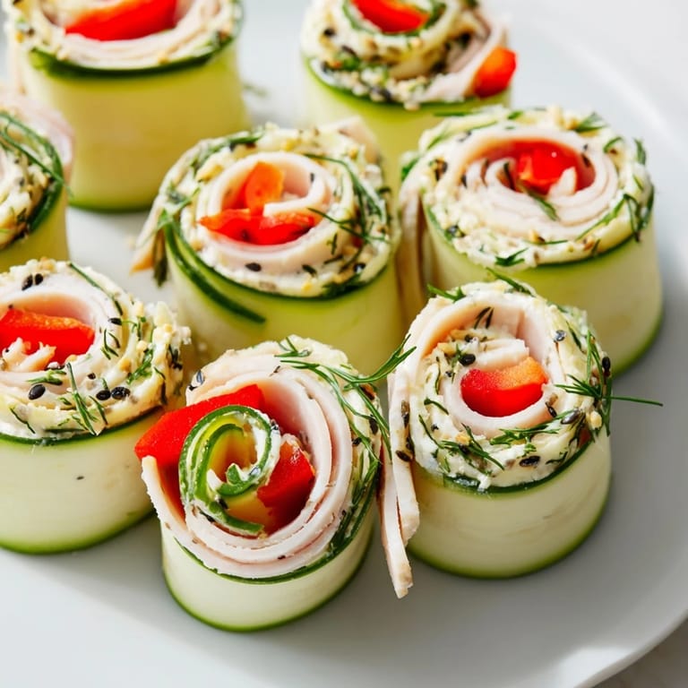 See fresh cucumber roll-ups, beautifully assembled with vibrant fillings, ready to eat.