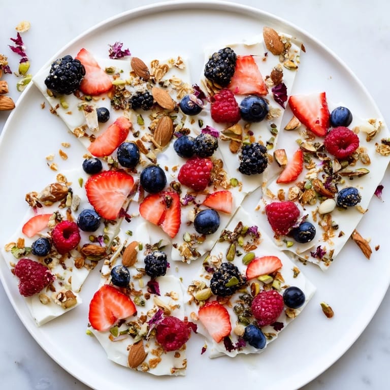 Cool, refreshing Frozen Fruit Yogurt Bark pieces, studded with berries and crunchy granola topping.