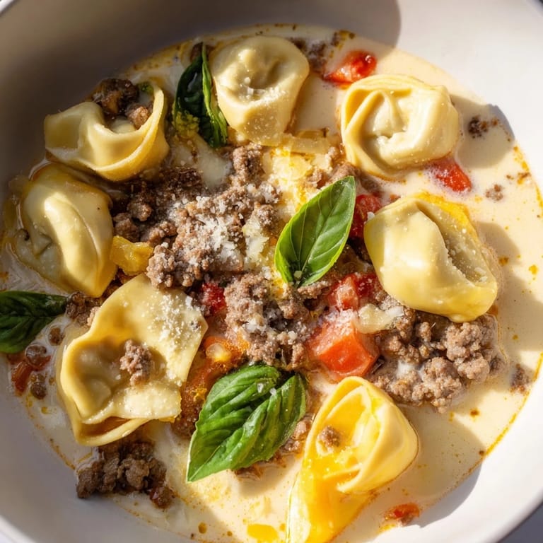 Comforting close-up of Tortellini Beef Soup, with visible chunky vegetables in a savory broth.