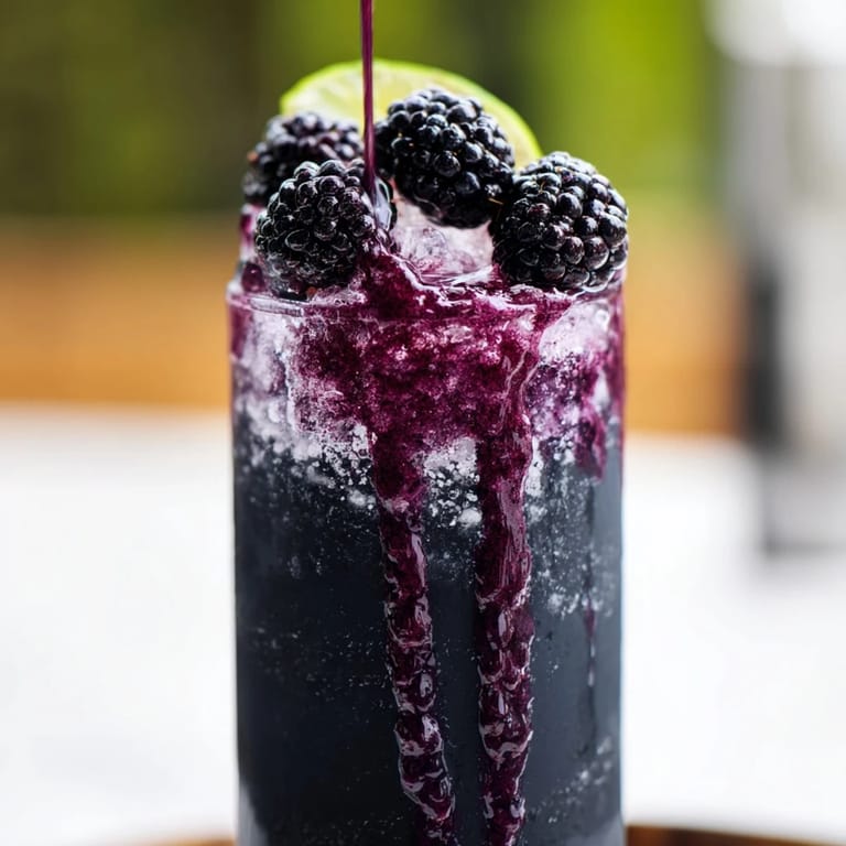 Served chilled: The beautiful layering of a homemade Dark Matter Mocktail, topped with fresh blackberries.
