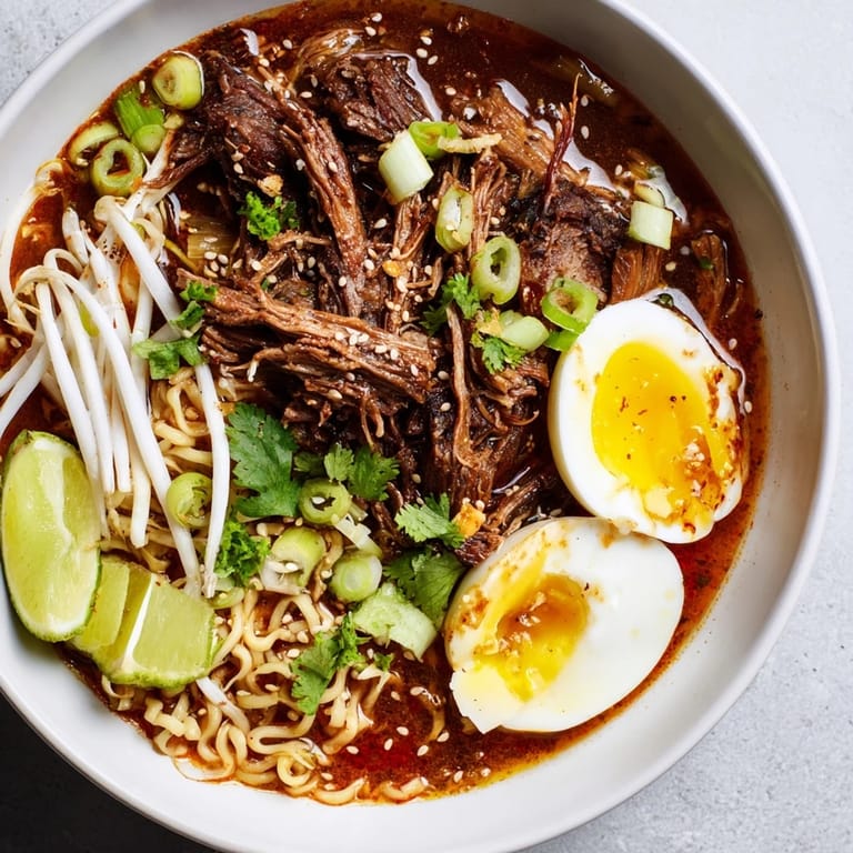 A close-up of a flavorful Chaos Cooking Birria Ramen, ready to be enjoyed with fresh garnishes.