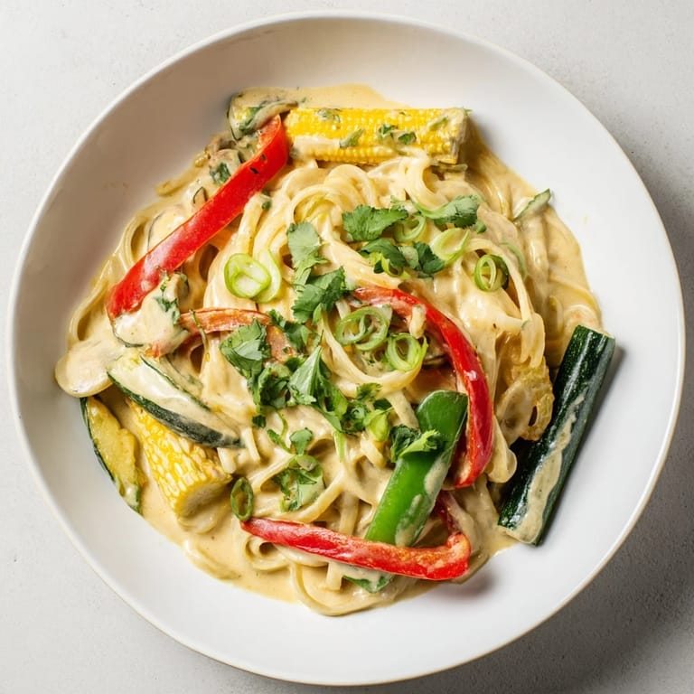 Flavorful Thai Curry Pasta, a beautiful dish, with a rich coconut sauce coating the pasta strands.