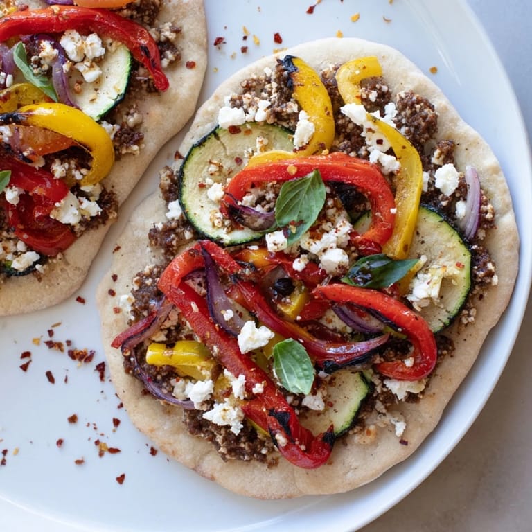Golden-topped Naan Bread Pizza featuring a medley of roasted vegetables, perfect for a quick meal.