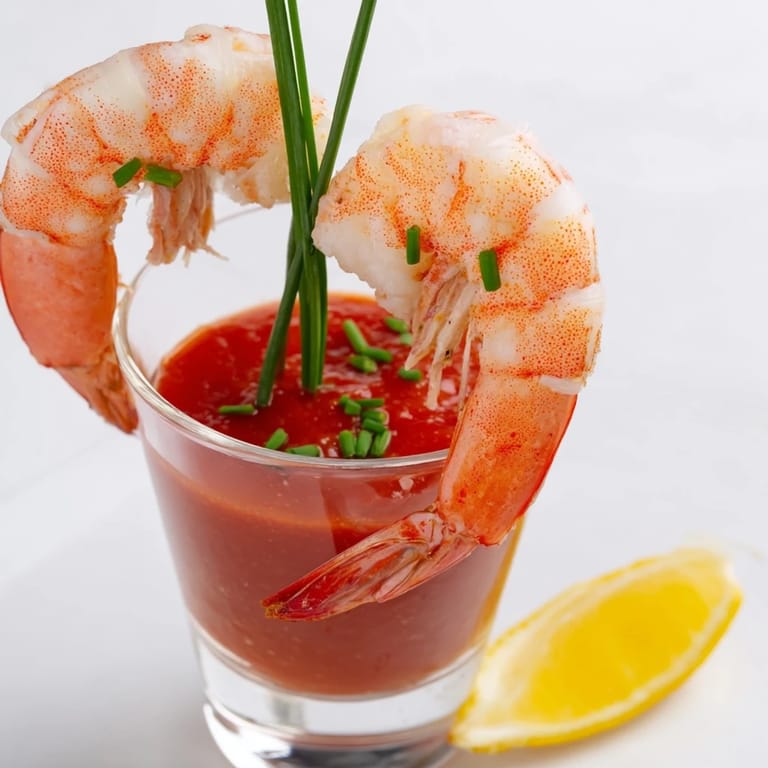 Bright lemon wedges and fresh chives garnish these beautiful Retro Prawn Cocktail Shooters, a delightful British-American appetizer.